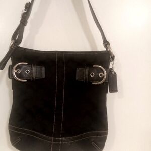 Black Coach Handbag. Signature Canvas & Leather 10" H x 9"L with Full Zip/Buckle